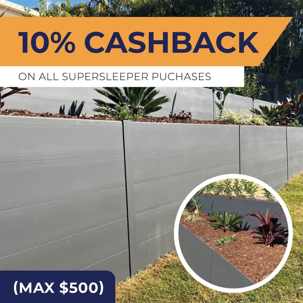 Promotion banner 10 cashback on all supersleeper purchases over a gray landscaped fence backdrop