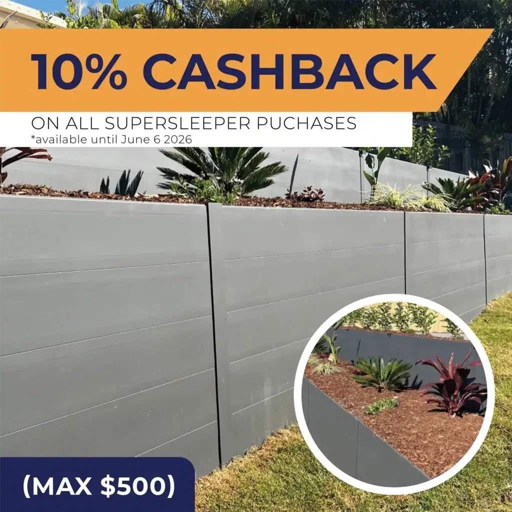 Advertisement 10 cashback on supersleeper purchases through june 6 2026 circular inset shows a landscaped garden beside a gray fence
